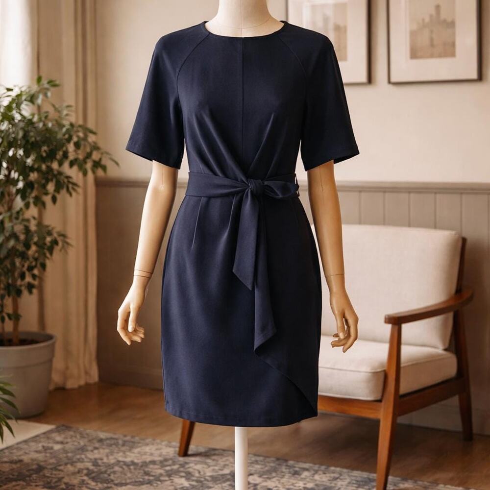 Tahari Plus Size Side-Tie Front -Belted Navy Blue Classy Sexy Dress 16W, - Picture 3 of 16